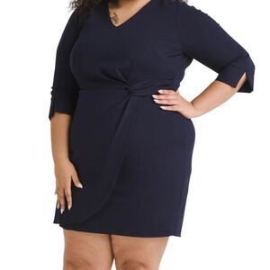 Navy short sleeve faux wrap sheath dress Size 1X EUC